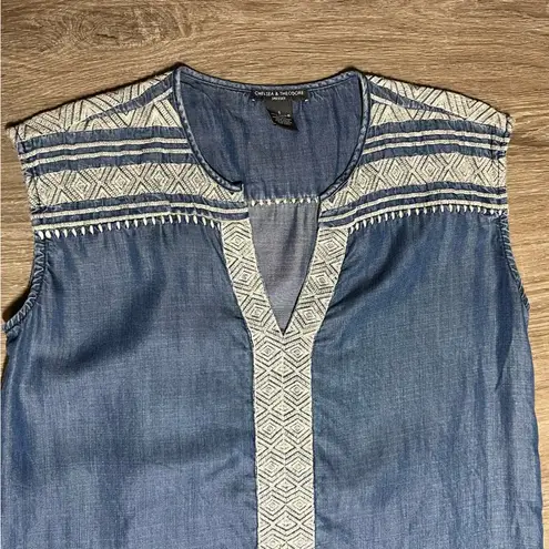 Chelsea & Theodore Denim Chambray Embroidered Dress 100% Tencel Size S Blue