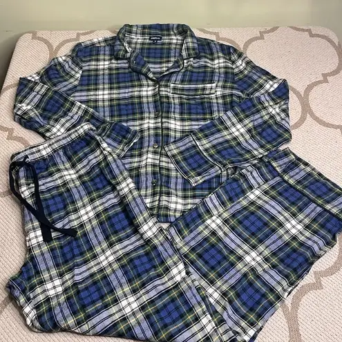 Gap  body flannel blue green plaid button down long sleeve shirt & pants pajamas