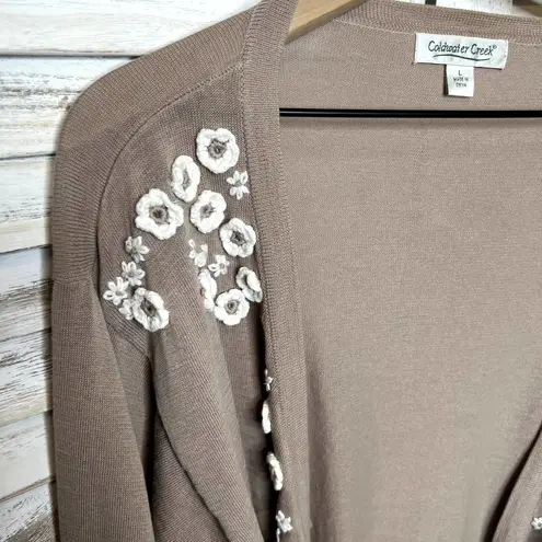 Coldwater Creek  Women's Cotton Sweater Cardigan Taupe Tan Floral Appliqué Large