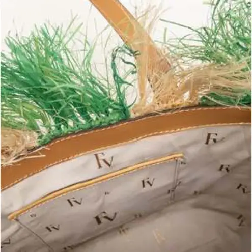 FRANCES VALENTINE Alfie French Straw & Leather Tote, Green Stripe, NWT