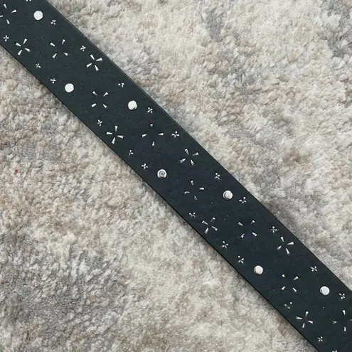 Western Edgy Black Leather Fleur De Lis Crystal Stud Silver Tone Hardware Belt