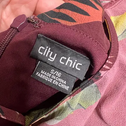 City Chic Tropic Heat Tropical Flowy Burgundy Wrap Wide Leg Jumpsuit Sz 16