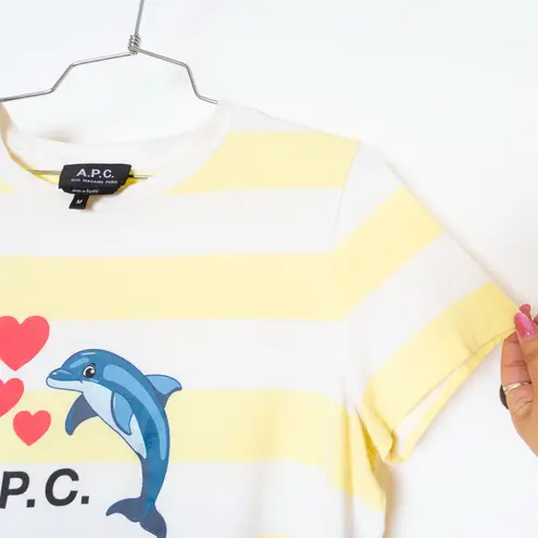 A.P.C. White Yellow Cotton Striped Dolphin Heart Logo Graphic Tee