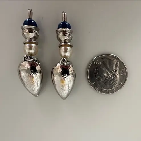 Vintage Silver Tone Clip On Drop Earrings with Pearl and Cobalt Accents
