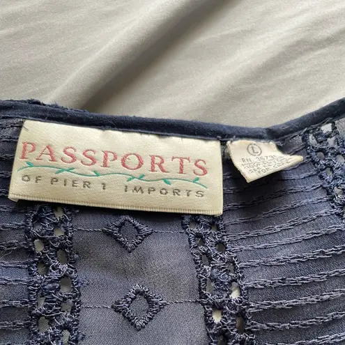 Vintage Passports Pier 1 long sleeve semi sheer navy embroidered button up top L Blue Size L