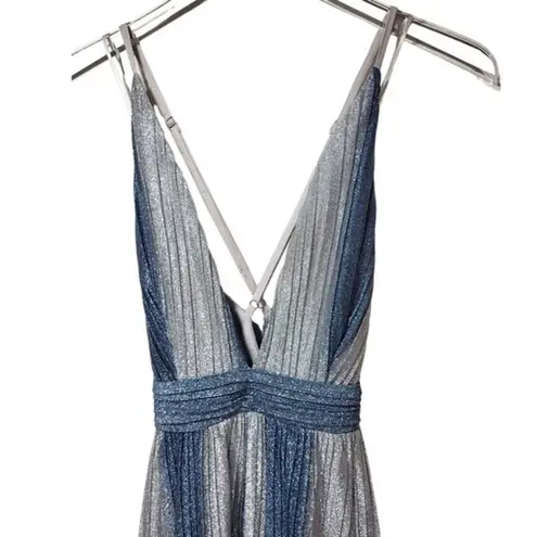 Luxxel  Plunging Halter V-Neck Striped Sparkly Maxi Dress in Silver/Blue