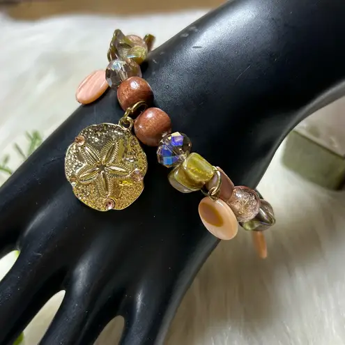 Sand dollar shore beaded stretchy bracelet Brown