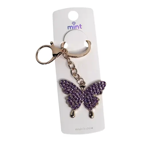 Mint Rhinestone Butterfly Bag Charm Purple Crystal Key Chain Ring Backpack Purse