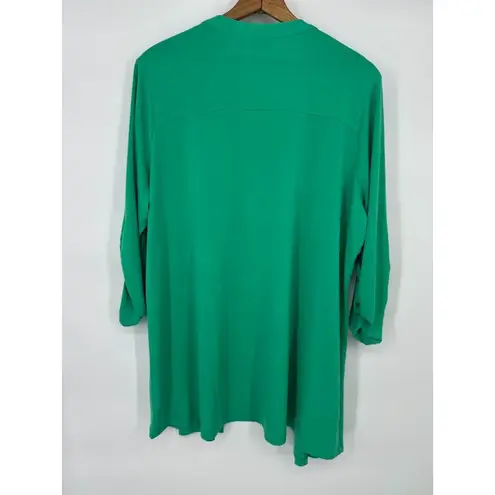 Susan Graver Womens 2X Green Liquid Knit Open Cardigan Ruched Sleeve Travel
