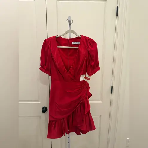 Mac Duggal 26928 NWT Red Short Puff Sleeve Faux Wrap Mini Dress
