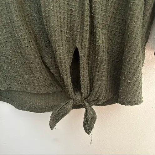 Nine Britton Top Waffle Knit Olive Green 3/4 Sleeve Tie Front Crewneck Neutral