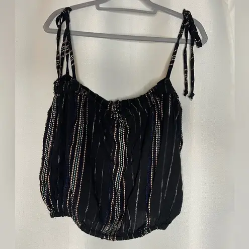 Elan Black Metallic Stripe Tie Strap Top Medium