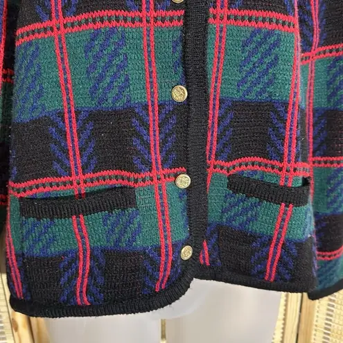 Tally Ho Vintage 1990s Y2K Plaid Tartan Button Down Cardigan Sweater Wool Medium Green