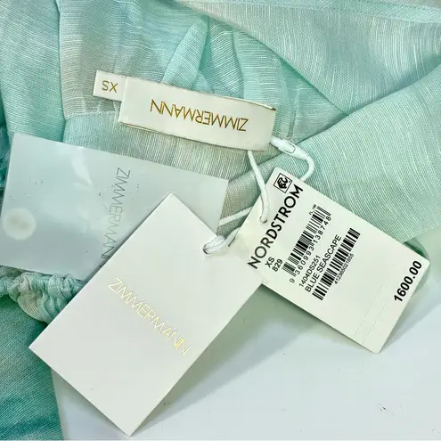 Zimmermann Seascape Illuminate Billow Organza Mini Dress Blue Silk Linen XS NWT