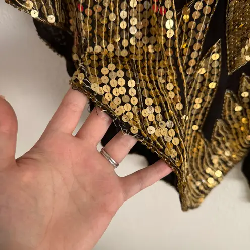 Vintage 70s Gold Black Silk Sequin Beaded Butterfly Boho Disco V Neck Drape Top