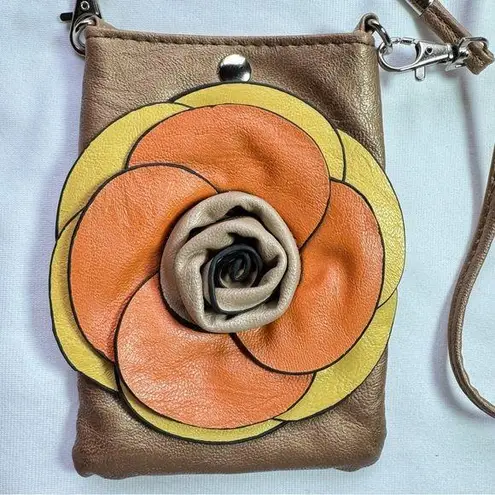 Shimmery Bronze Mini Crossbody Bag with 3D Yellow Orange & Tan Flower