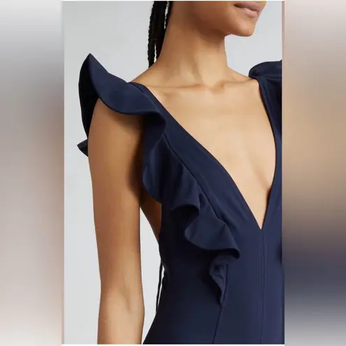 Ulla Johnson Evelina Ruffle Plunge One-Piece Swimsuit, Navy, Size Small, $380