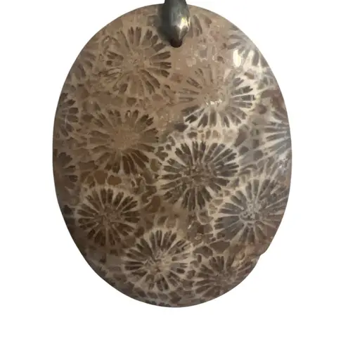 Vintage Fossil Coral Pendant Necklace Hematite Smoky Quartz Beads Estate 18" Gray