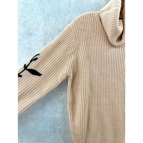 Mello Size Medium Sweater Turtle Neck Floral Embroidered Sleeves Knit Pink