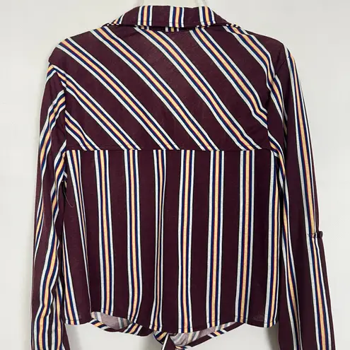 Passport Tie Front Button Down Striped Top Size XS Brown