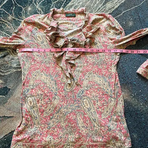 Vintage LRL Ralph Lauren paisley blouse Y2K ruffle western boho top red tan S