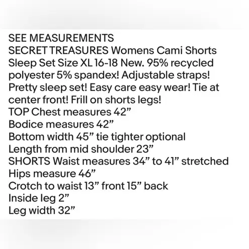 secret treasures Womens  Cami Top Tie Front Shorts Sleep Set Size XL 16-18 New