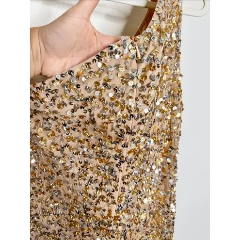 Mac Duggal NWT 10729M One Shoulder Sequin Dress Nude Gold Silver Maxi US 10