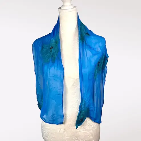 Blue Sheer Silky Scarf Beaded Felted Accents Artistic Lightweight Shawl