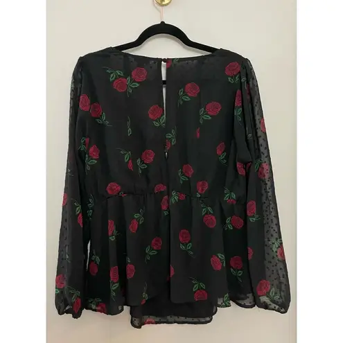 Torrid  Black Roses Peplum‎ Chiffon Clip Dot Buff Sleeve Top 1X