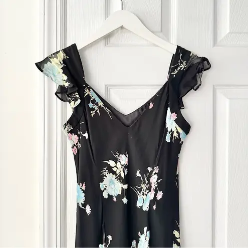 Evan Picone Black Floral 90s V Neck Flutter Sleeve Midi Sun Dress 10P Lined