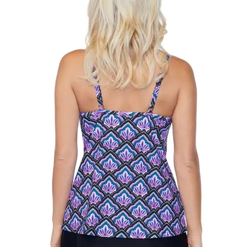 NWT Island Escape Geo Print Full Bust Support Modest Tankini Swim Top Sz 6 Purple