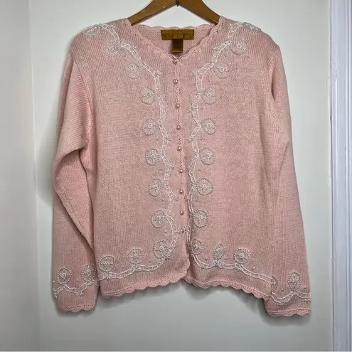 Vintage Eve Tyler Pink Pearl Beaded Sweater Cardigan Button Up Size Large