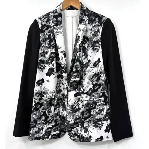 T Tahari Floral Blazer Colorblock Single Button Closure White Black Size 8