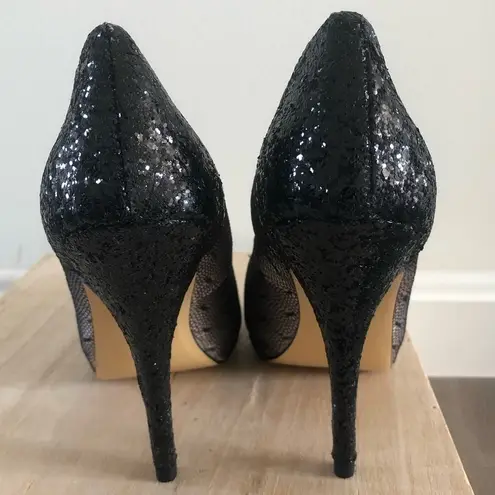 Lulu Townsend Black & Beige Mesh Glitter Stiletto Heels 6