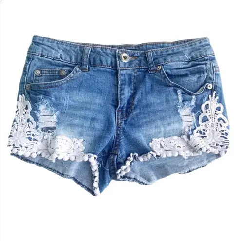 EMPYRE LOW Waist Distressed Y2K Lace Denim Jean Shorts Size 3 Blue