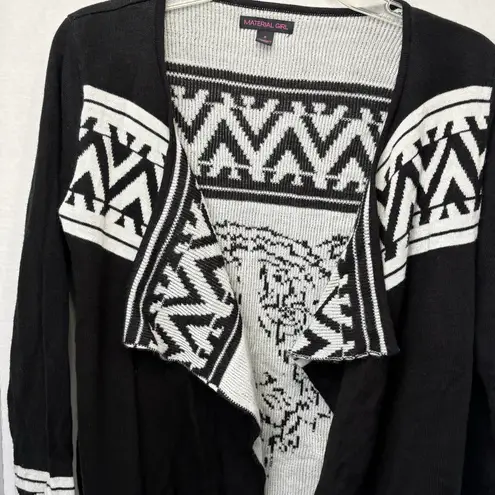 Material Girl Open Front Cardigan Black/White Aztec Tiger Women’s Size Small Black