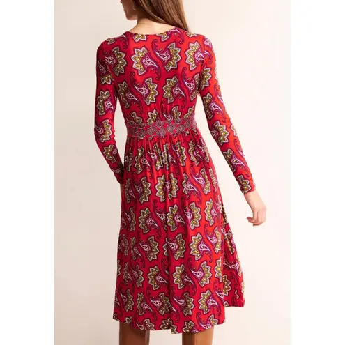Boden Thea Long Sleeve Jersey Dress Midi Red Paisley Size 8 Petite Office Modest