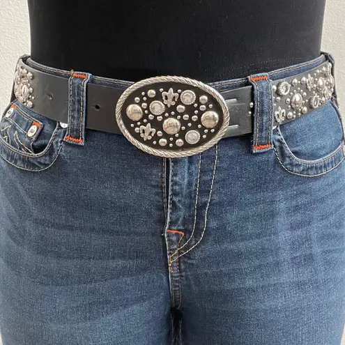 Western Edgy Black Leather Fleur De Lis Crystal Stud Silver Tone Hardware Belt