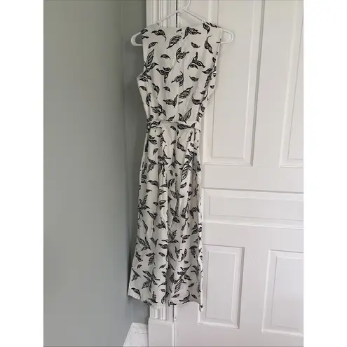 Tahari Women’s White Linen Black Leaf Print Wide Leg Zip Front Jumpsuit Size 6