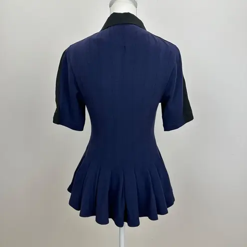 Koche Collective Knit Polo Top Pleated Peplum Navy Fitted Cinched Waist XS