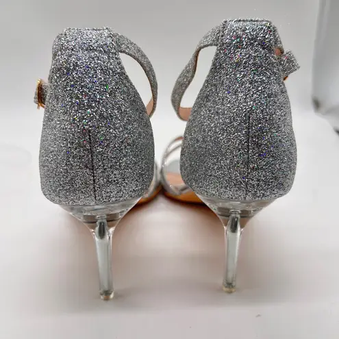 Allegra K Ankle Strap Heels Womens 7 Silver Glitter Criss Cross Stiletto Party