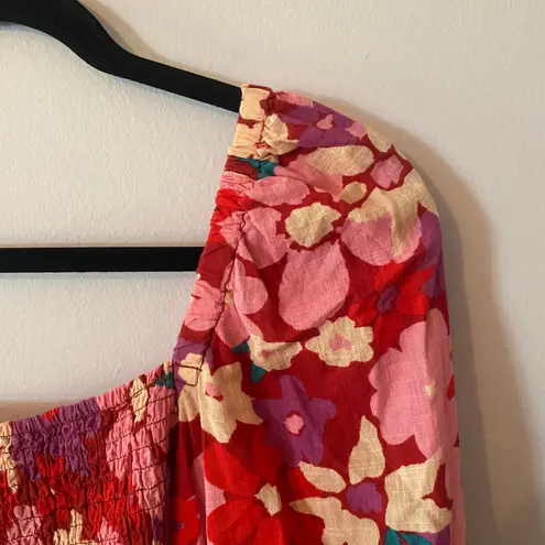 Free People  Red Pink Floral Ariana Smocked Puff Sleeve Long Sleeve Blouse Medium