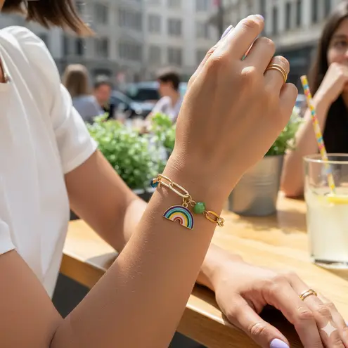 Vibrant Rainbow Charm Paperclip Bracelet Gold