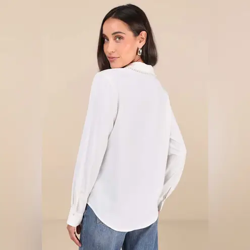 NWOT Lulus Upscale Composure White Long Sleeve Pearl Trim Button