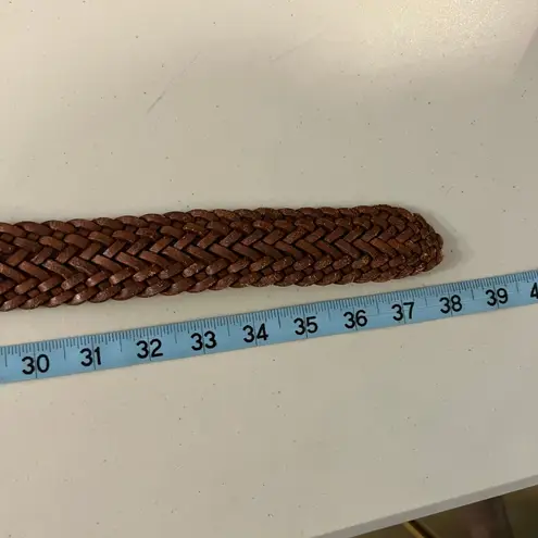 Vintage 90s Tan Woven Weaved Genuine Leather Square Floral Buckle Belt Size SM Brown