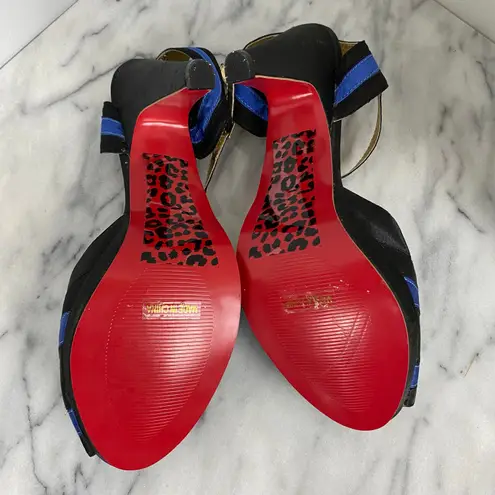 Bordello Giggle 02 Black Blue Satin T Strap Peep Toe Heel Pump Pinup Size 10 New