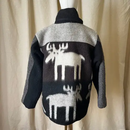 Vintage Norwegian Handwoven Wool Jacket Gray Black Moose Pattern Nordic Coat L Size L
