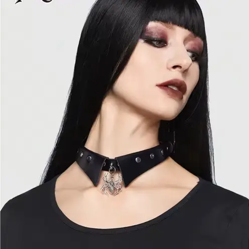 Black Leather Collar with Silver Spider Pendant