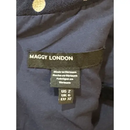 Maggy London Navy White Polka Dot Print Dress in size 2 Navy Bone Twist Neck