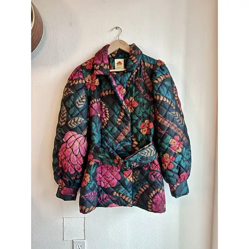 Farm Rio Black Flowerdoscopic Belted Puffer Jacket Small